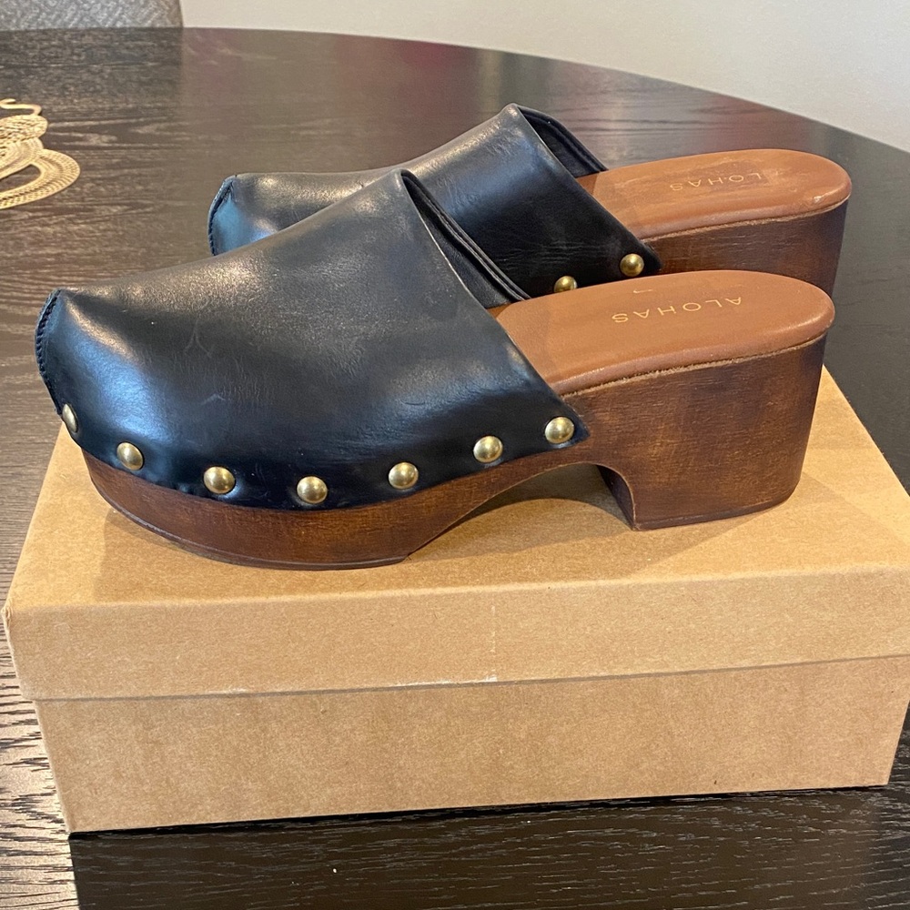 ALOHAS Black Leather Mules with Gold Studs Free People